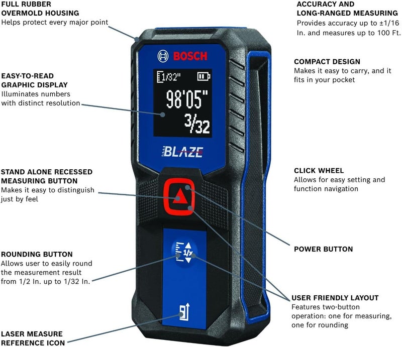 BOSCH GLM100-23 100 Ft Blaze Laser Distance Measure, Includes 2 AA Batteries - Image 1